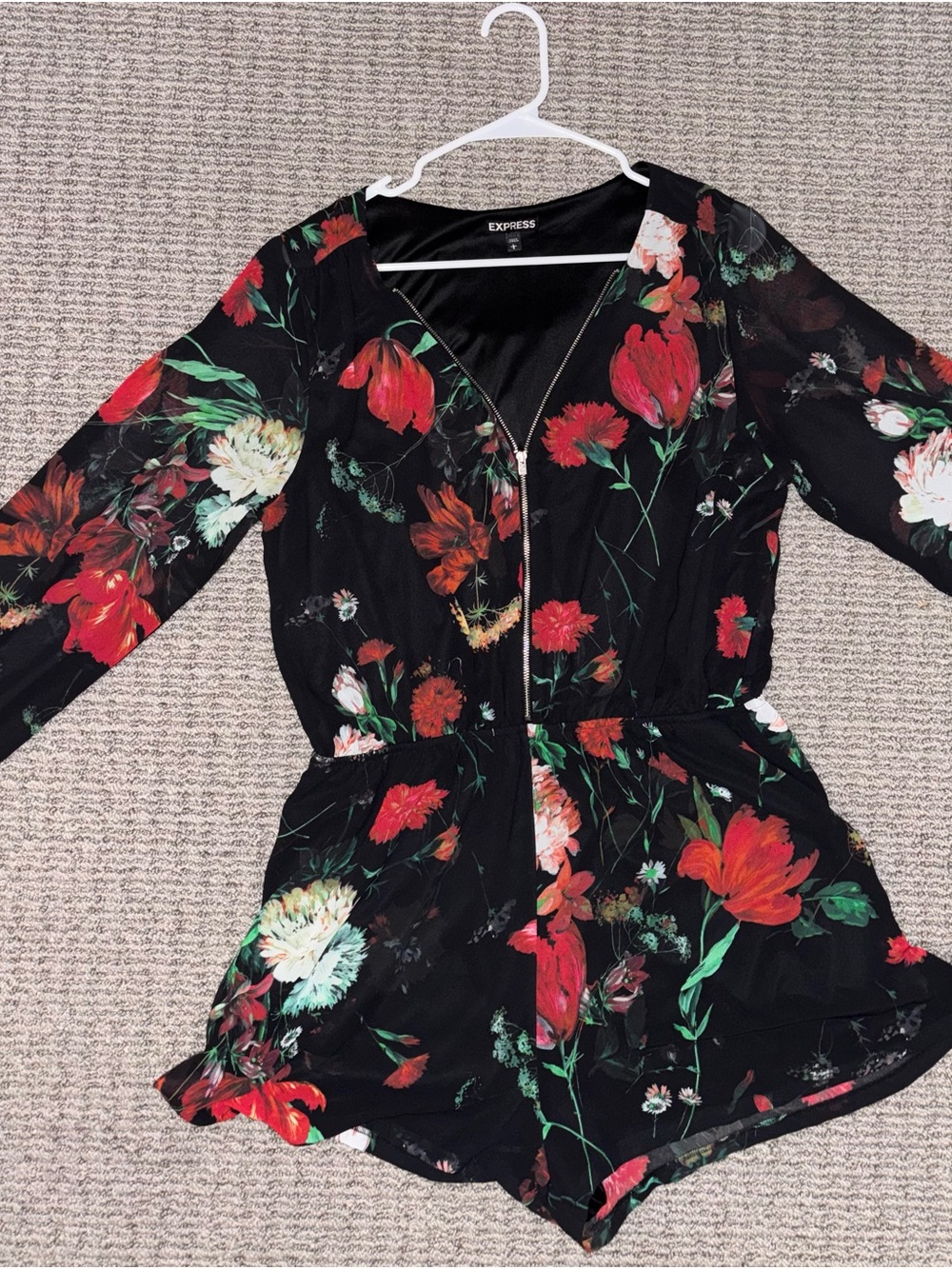 Express Black Floral Romper with Red & Green Accents - Size M